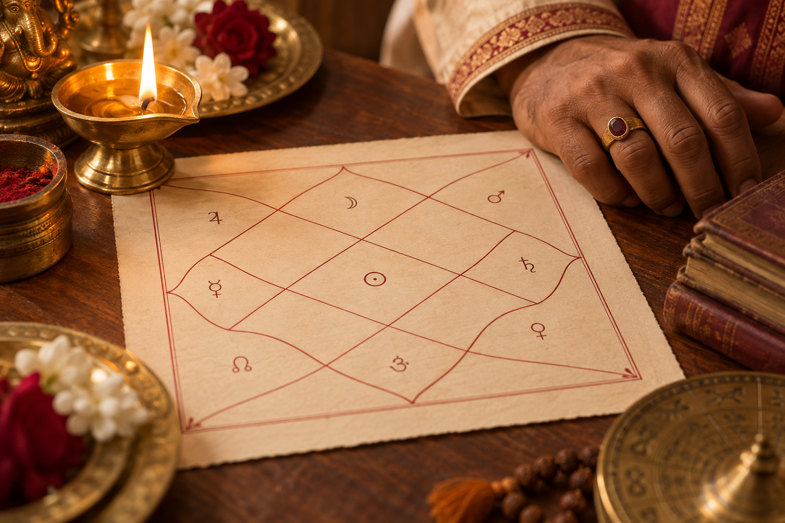 A traditional North Indian birth chart beside a brass diya during a kundli reading